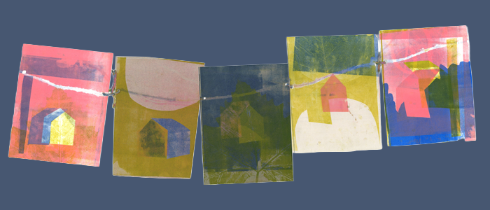 a series of monoprints of houses